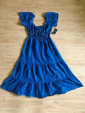 Hint of Blush Chambray Denim Tiered Midi Dress Smocked Waist Women L